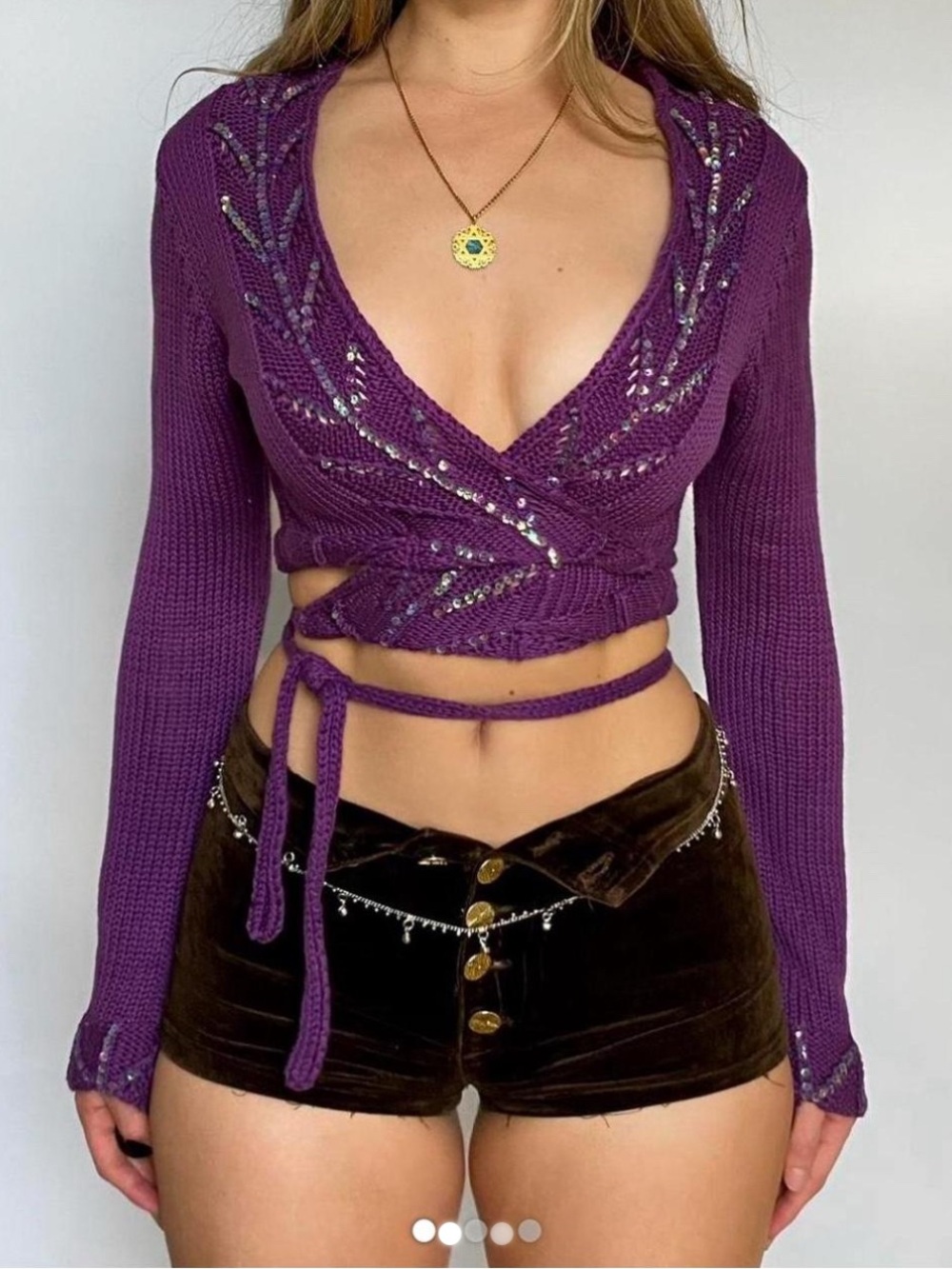 Purple Wrap Knit Crop Top with Sequin Detail